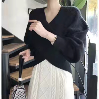 Áo sweater SUXI tay dài cổ chữ V dáng rộng phong cách Hàn Quốc