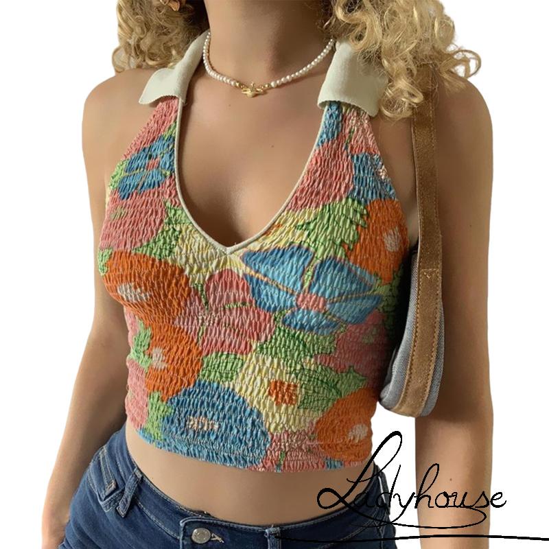 Áo Croptop Hai Dây Cổ Chữ V In Họa Tiết Thời Trang Mùa Hè Cho Nữ