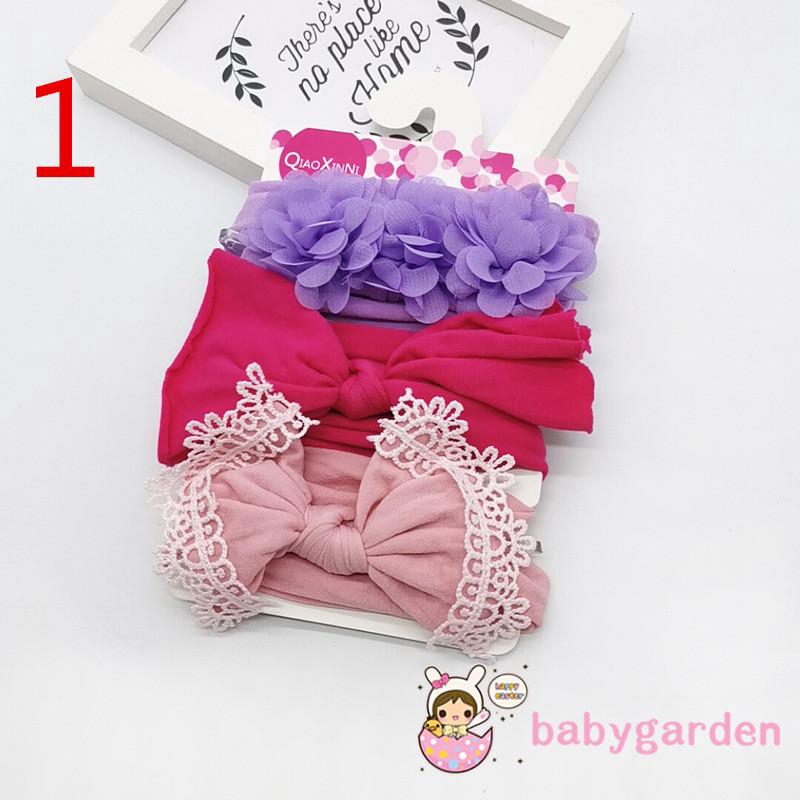 ღ♛ღ3PCS Baby Girl Headband Lace Bow Flower Hair Band Accessories