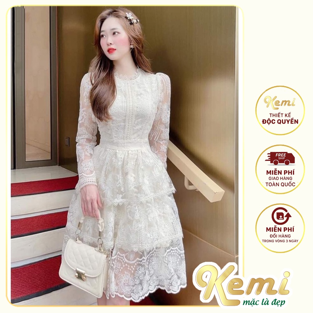 Đầm váy ren dài tay 3 tầng midi Kemi thiết kế dáng công chúa dự tiệc ăn cưới