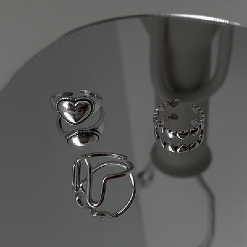 Set 3 Nhẫn Bạc Gợn Sóng Trái Tim Có Thể Điều Chỉnh Thời Trang Cổ Điển Cho Nữ