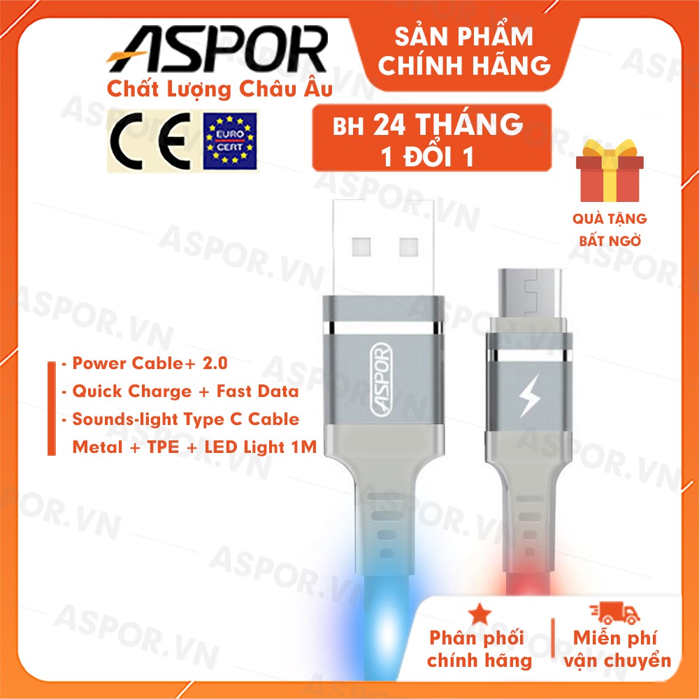 Cáp sạc USB Type -C dây cáp sạc Aspor A183, đèn led nhảy theo nhạc, Hàng Chính Hãng