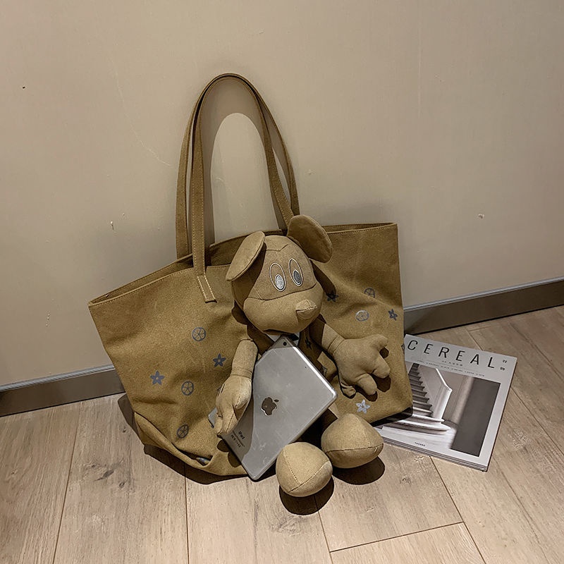 Túi Tote Đeo Vai Vải Canvas Sức Chứa Lớn Hình Búp Bê Mickey Chất Lượng Cao Dễ Phối Đồ Cho Nữ Sinh