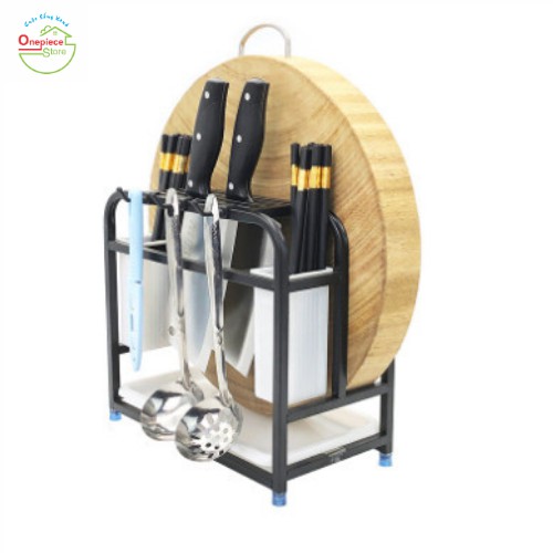 Kệ nhà bếp đa năng để dao thớt sơn tĩnh điện cao cấp màu đen kèm khay hứng nước giỏ đựng đũa