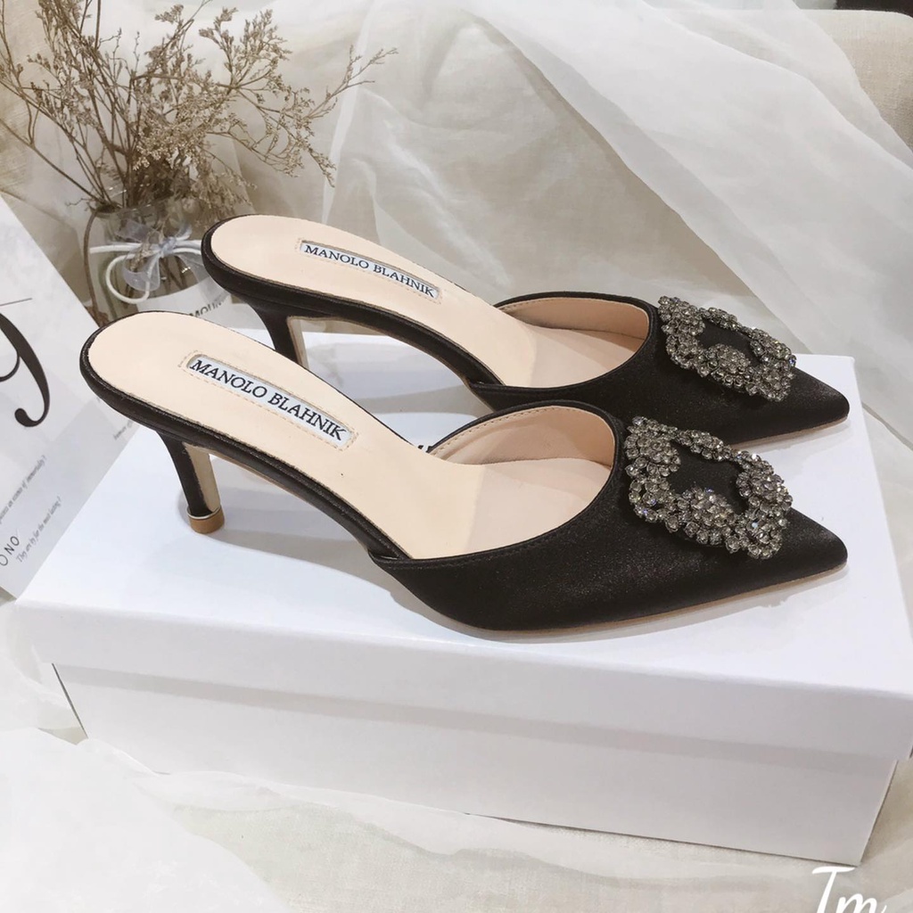 Sục mũi nhọn nơ đá 5cm OSHO, gót nhọn sang chảnh, chất lụa cao cấp êm chân phom chuẩn