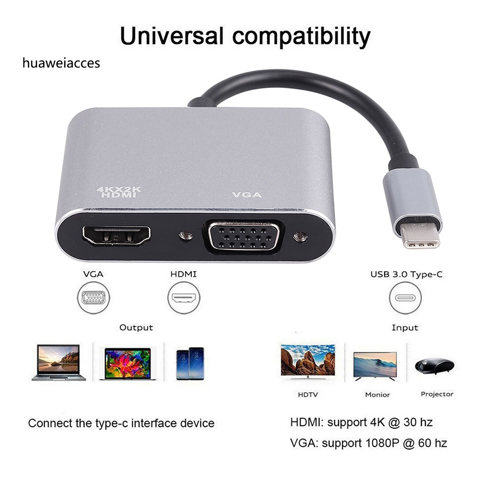 HUA Universal USB 3.1 Type C to VGA HDMI-compatible 4K Converter Cable Adapter Cord Port HUB