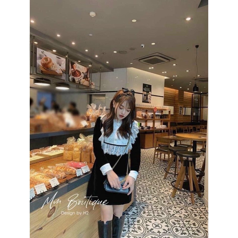 Váy nhung phôi ren suông