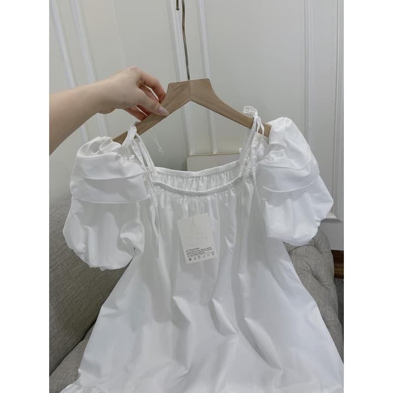 Váy babydoll trắng tay phồng VIETSTAR đầm tiểu thư dự tiệc cổ vuông chất đũi lụa mềm mát