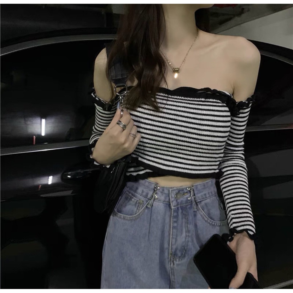 ÁO LEN CROPTOP THUN GÂN TRỄ VAI SIÊU NỮ TÍNH