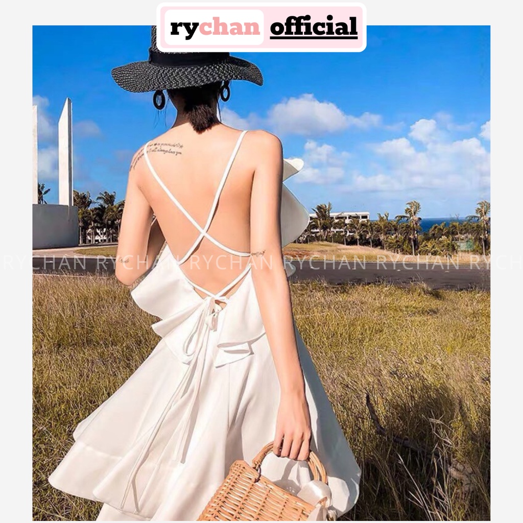 DX985 - Đầm Xòe Trắng Hai Dây Hở Lưng Đi Biển