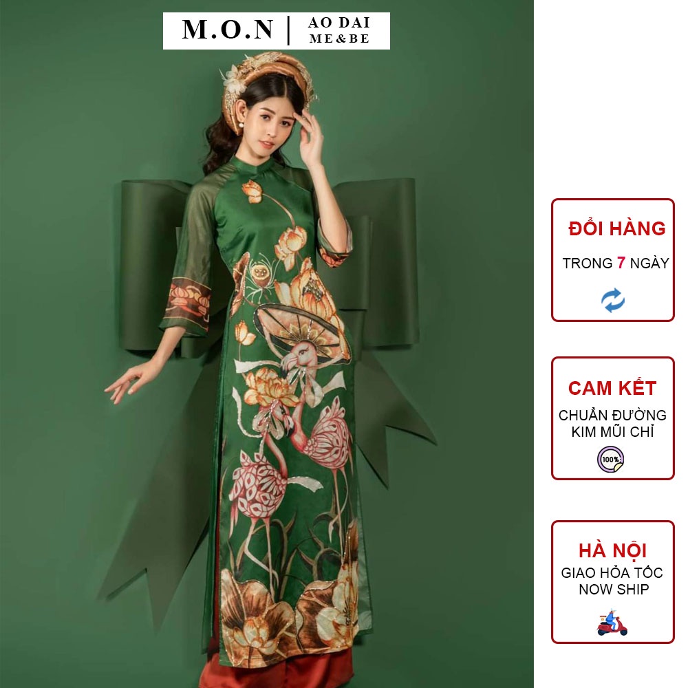Áo Dài Cách Tân Nữ Thiết Kế Tơ Sen Mềm Mịn Màu Rêu