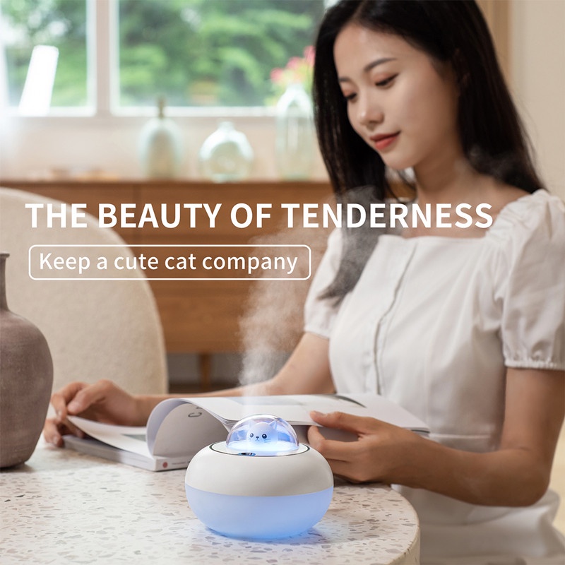 Máy phun sương tạo độ ẩm mini 320ml có đèn LED thiết kế mèo dễ thương nhiều màu tùy chọn