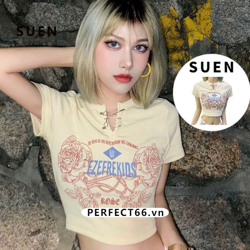 Suen 2022 Áo Thun crop top Tay Ngắn Cổ Chữ V in Họa Tiết Dễ Thương Thời Trang Cho Nữ