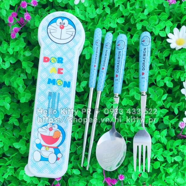 Bộ hộp đũa, muỗng, nĩa cán sứ Doremon Doraemon