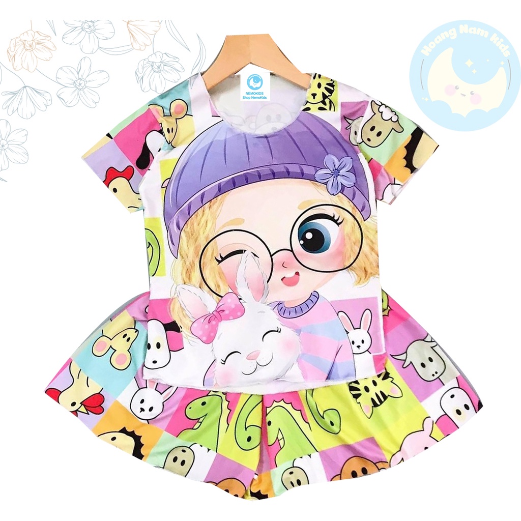 Bộ quần áo cho bé gái kểu giả váy in hình 3D sắc nét,chất liệu thun sill lạnh co giãn 4 chiều cho bé từ 8kg đến 26kg