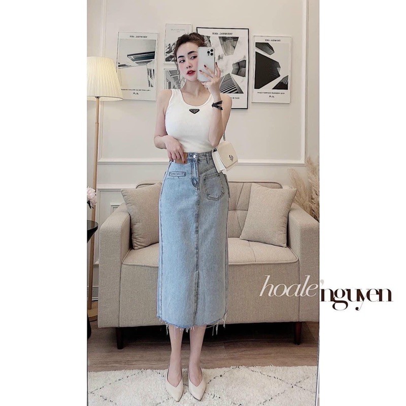 Chân váy jeans midi tag da, xẻ trước 😍Chân váy bò dáng dài (ảnh và video shop chụp)