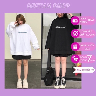 Áo sweater form rộng nữ đen trắng - áo dài tay nam nữ form rộng nỉ bông dày ấm quella ak03