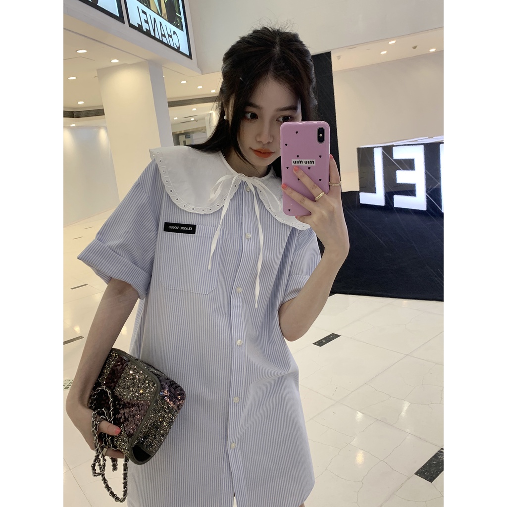Đầm Sơ Mi Cổ Búp Bê Họa Tiết Kẻ Sọc Thiết Kế Mới Thời Trang Mùa Hè Dành Cho Nữ