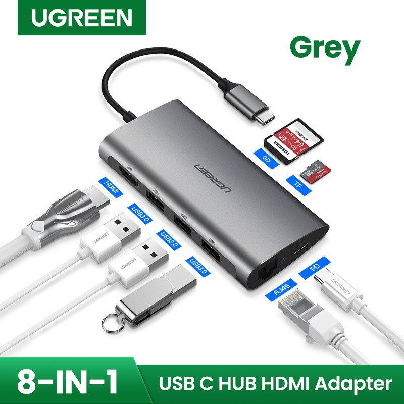 Cáp Chuyển Hub Ugreen 8 in 1 USB Type C Sang 3xUSB 3.0 + HDMI + RJ45 + SD,TF Ugreen 50538 Chính Hãng Việt Nam