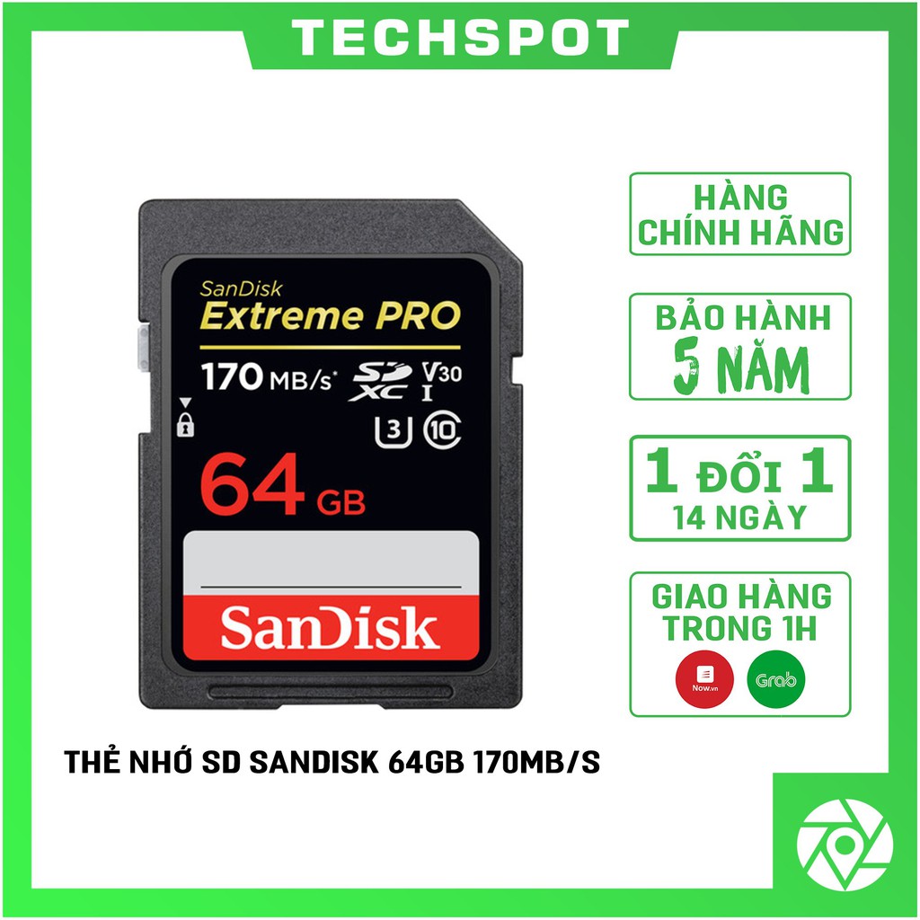 (BH 5 năm ) Thẻ nhớ SDXC SanDisk Extreme Pro 64GB UHS-I U3 4K V30 170MB/s (Đen)