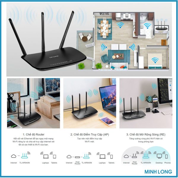 Bộ phát WiFi Router WiFi TPlink TL+WR 940N chuẩn N tốc độ 450Mbps + Chính Hãng Mới