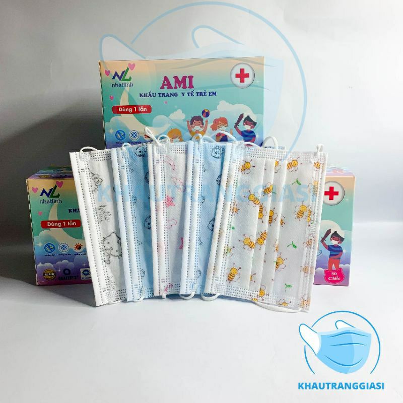 (Hộp 50 chiếc) Khẩu trang trẻ em Ami hoạ tiết hộp 50 chiếc mix màu