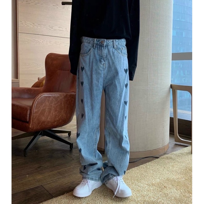 QUẦN BAGGY JEANS ỐNG RỘNG IN TIM UNISEX NAM NỮ (hình chụp thật)