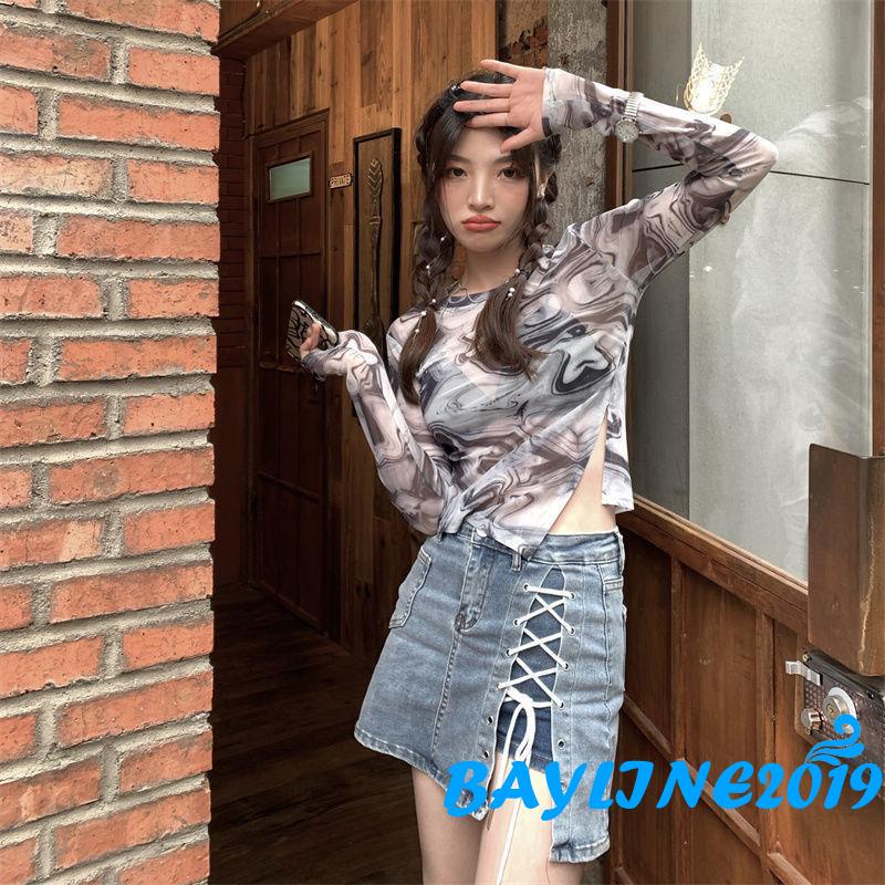 Áo dài tay thiết kế xẻ tà in họa tiết độc đáo thời trang cho nữ