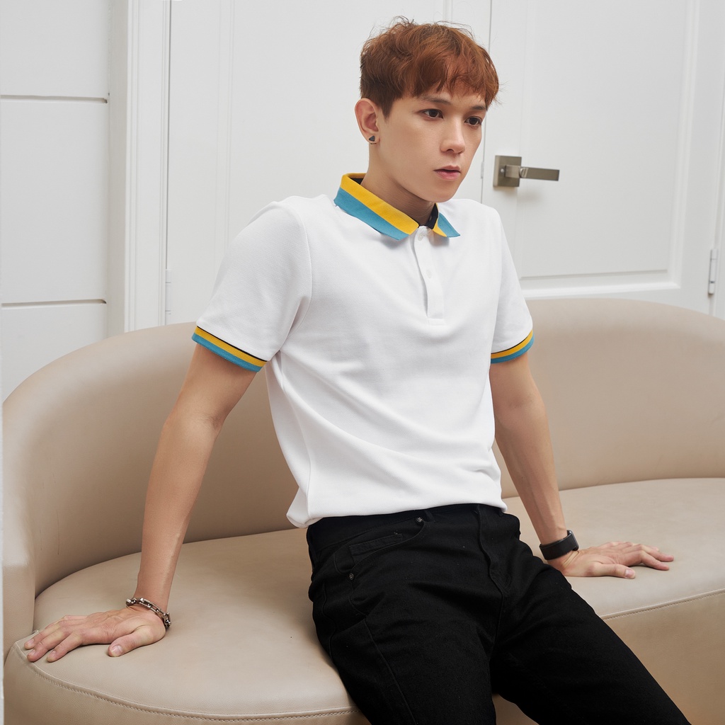 Áo polo nam Satoshi SAPL62 Diamond Pique màu trắng phối màu cổ viền trụ bo tay áo sang trọng