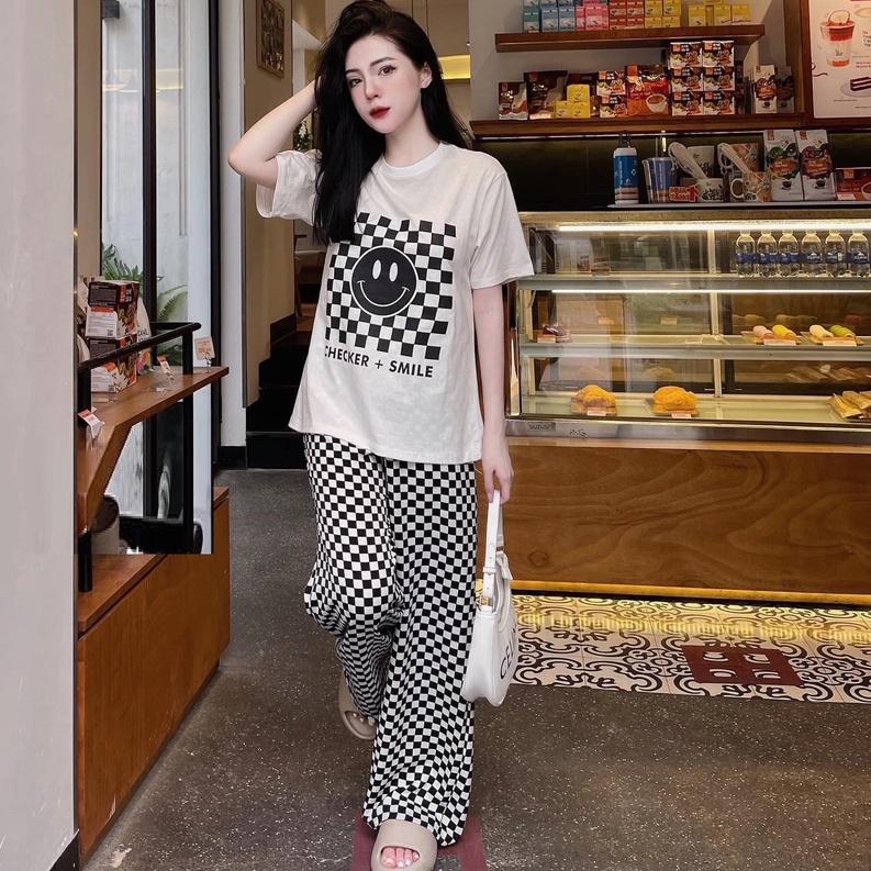 Set Bộ  Áo Thun + Quần Dài Thun Gân Caro HOT - BT Fashion