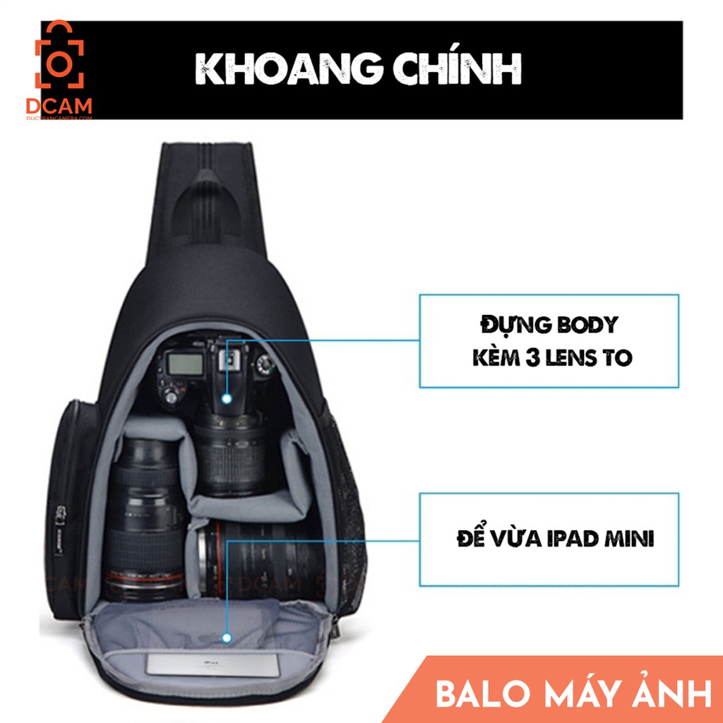 Balo máy ảnh đeo chéo nhỏ gọn chống nước - Caden MINI 2022 - Đựng body + 3 lens to + tripod + phụ kiện...