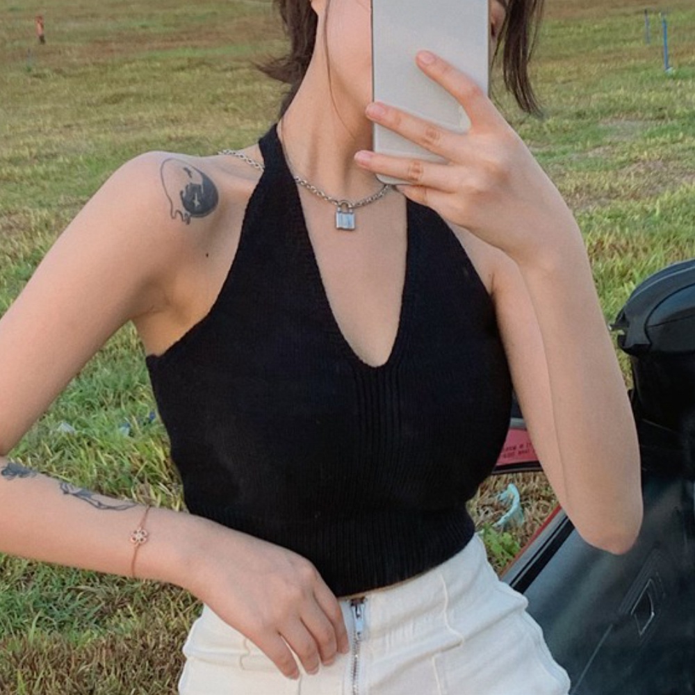 Women Korean Halter Knit Tanks Sexy Slim Solid Tops Summer Casual Soft