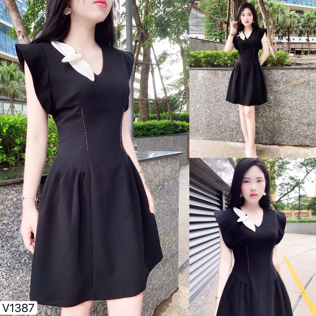 Váy đen suông nơ trắng V1387 - Đẹp Shop DVC (Kèm ảnh thật trải sàn do shop tự chụp)