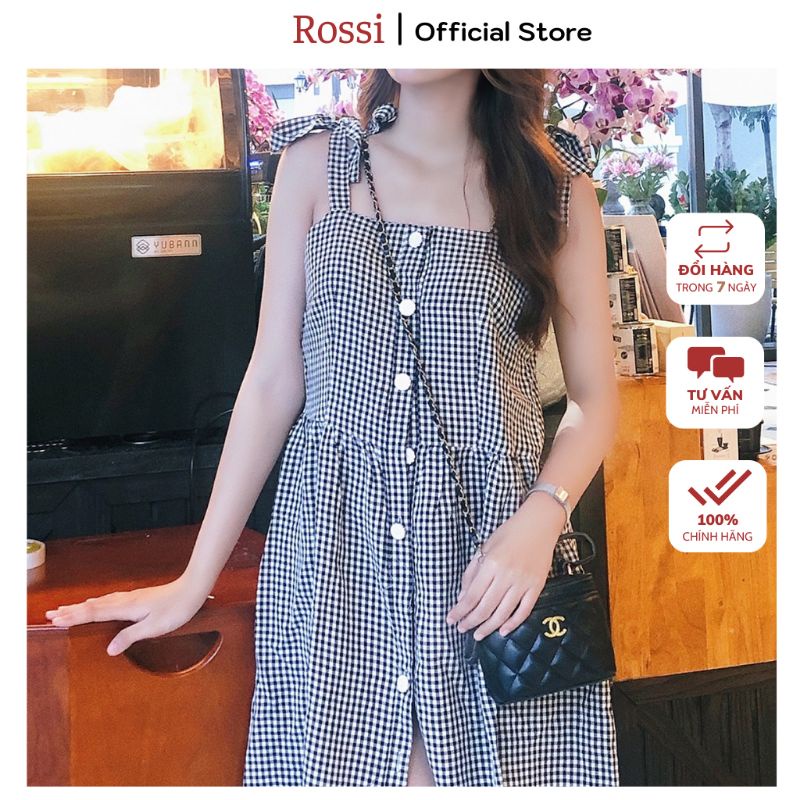 Váy 2 dây dài suông Rossi hoạ tiết caro cúc ngọc  buôc dây nhiều kiểu chất liệu cotton siêu mát k nhăn nhàu
