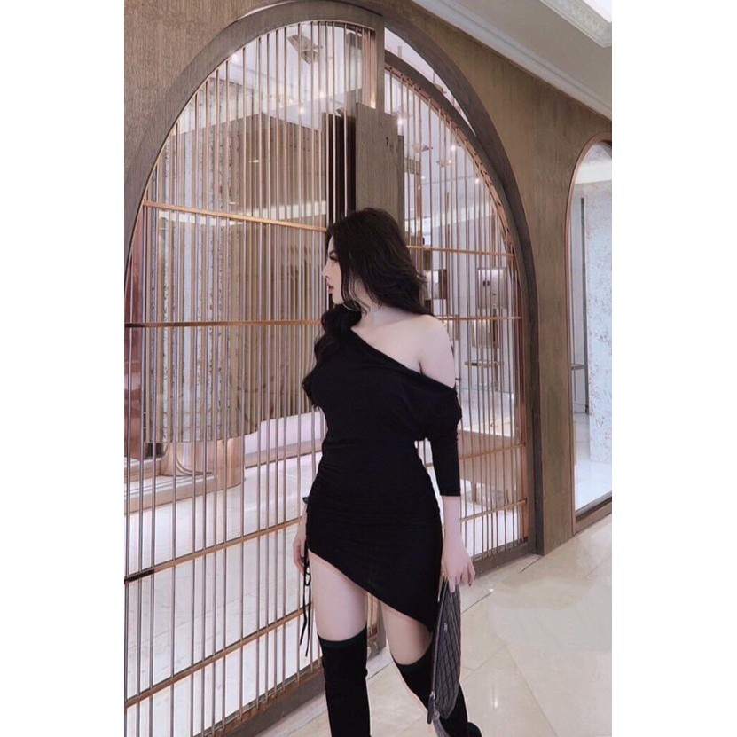 TSO Váy ôm body nữ dài tay lệch vai rút dây 1 bên chất thun đẹp đen cách điệu