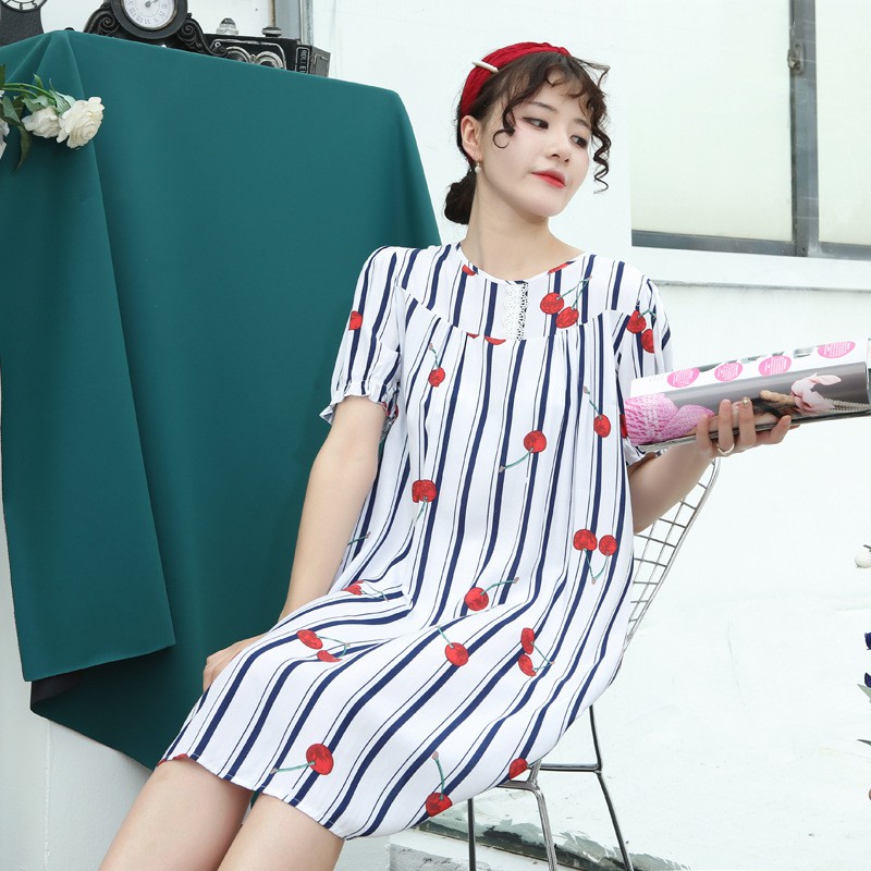 Đầm Ngủ Cotton Satin Dáng Rộng Cổ V Tay Ngắn Cho Nữ