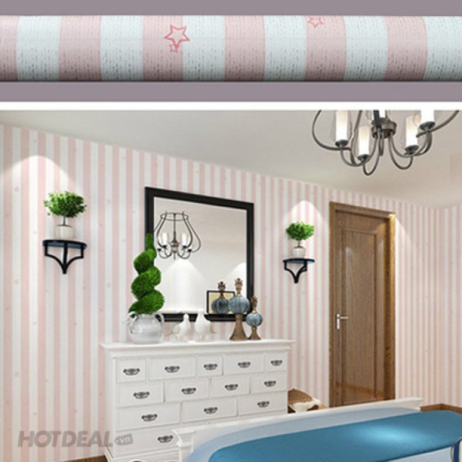 Decal giấy dán tường sọc sao hồng khổ rộng 45cm