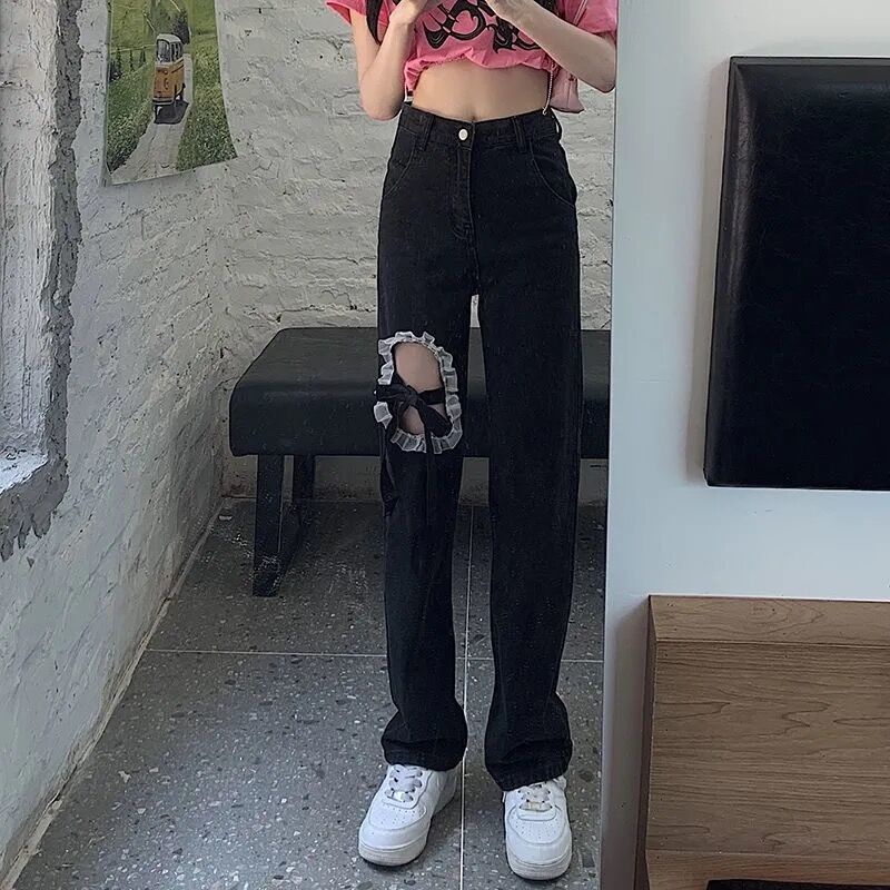 Quần jean dài ống rộng phối ren thiết kế mỏng thời trang hè phong cách Hàn Quốc cho nữ