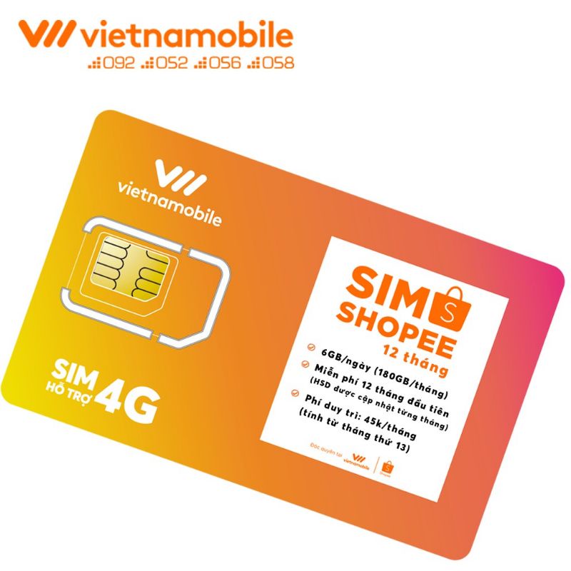Sim Data 6GB/Ngày - 180 GB/Tháng Độc Quyền VIETNAMOBILE - SHOPEE Mua 1 tặng 1 sim gift