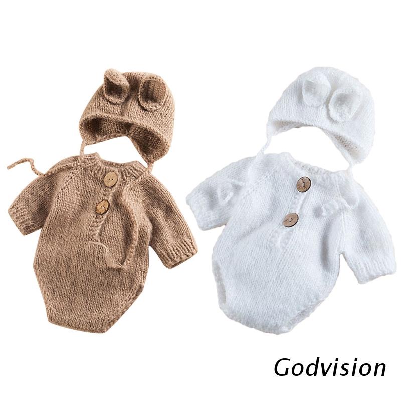 Bộ đồ liền thân 2 món bằng chất liệu dệt kim kèm nón làm đạo cụ chụp ảnh cho bé sơ sinh