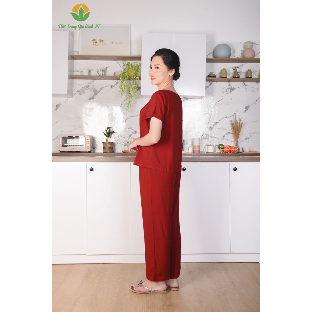 Bộ mặc nhà quần dài, áo cộc tay trung niên Việt Thắng, chất lanh - B28.2205