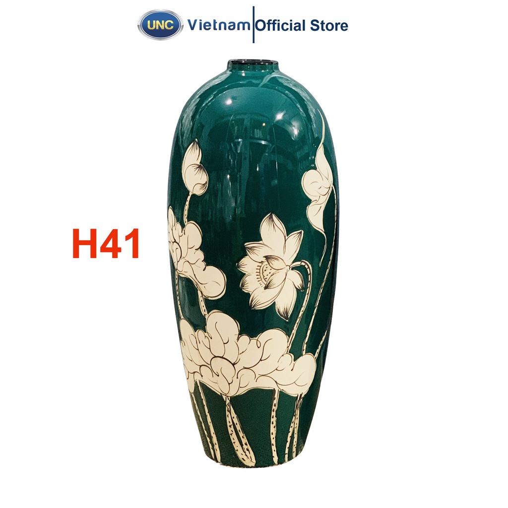 Lọ Hoa Cắm Hoa Đào UNC Việt Nam - Men Lục Bảo Cao Cấp, họa tiết khắc hoa sen, dùng cắm lựu, tuyết mai, đào