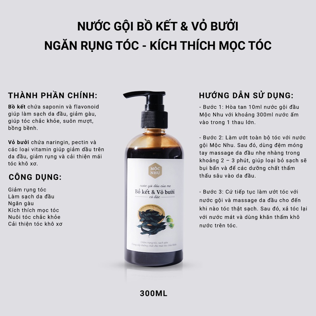 Bộ 3 Chăm Sóc Tóc Mộc Nhu - Nước Gội Bồ Kết 300ml + Dầu Xả Dầu Dừa 300ml + Tinh Dầu Xịt Vỏ Bưởi 130ml