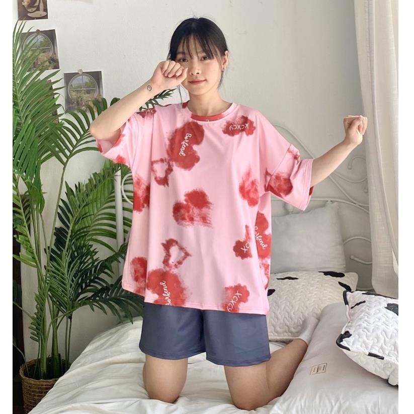 8.8 Pijama bộ đồ ngủ, bộ đồ nữ mặc nhà chất liệu cotton cộc tay áo phông, quần đùi - Poohouse BN-HEART