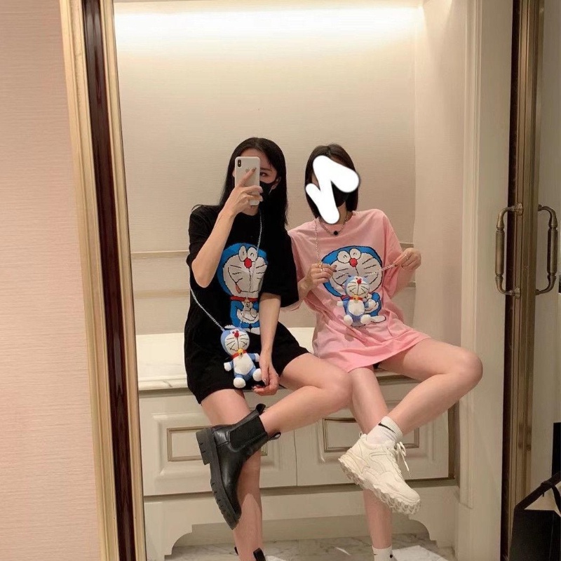 Áo Thun 100% cotton Tay Ngắn Dáng Rộng In Hoạ Tiết Hoạt Hình Doraemon Dành Cho Nữ