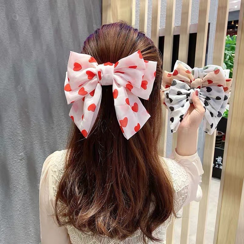 Kẹp tóc nơ ribbon Tiểu thư siêu xinh hoạ tiết tim