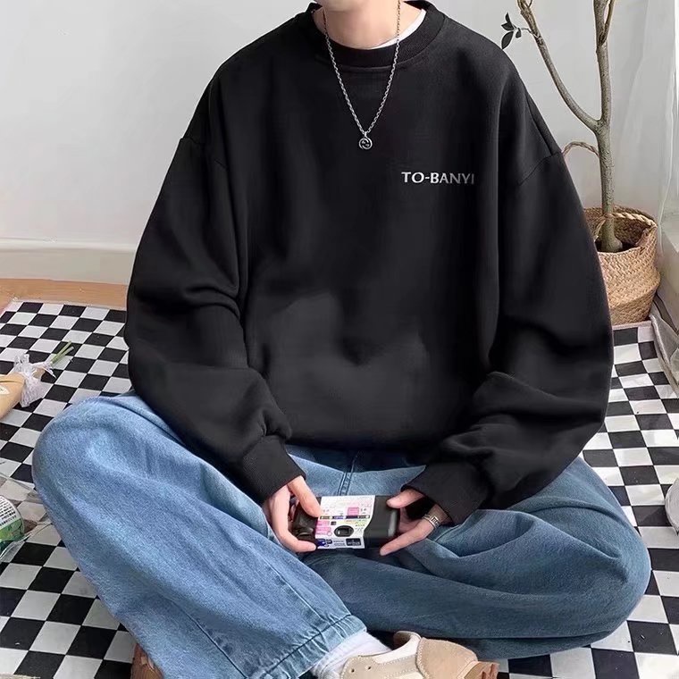Áo sweater tay dài cổ tròn ngoại cỡ dáng rộng in chữ thoải mái thời trang mùa đông Hàn Quốc giản dị cho nam