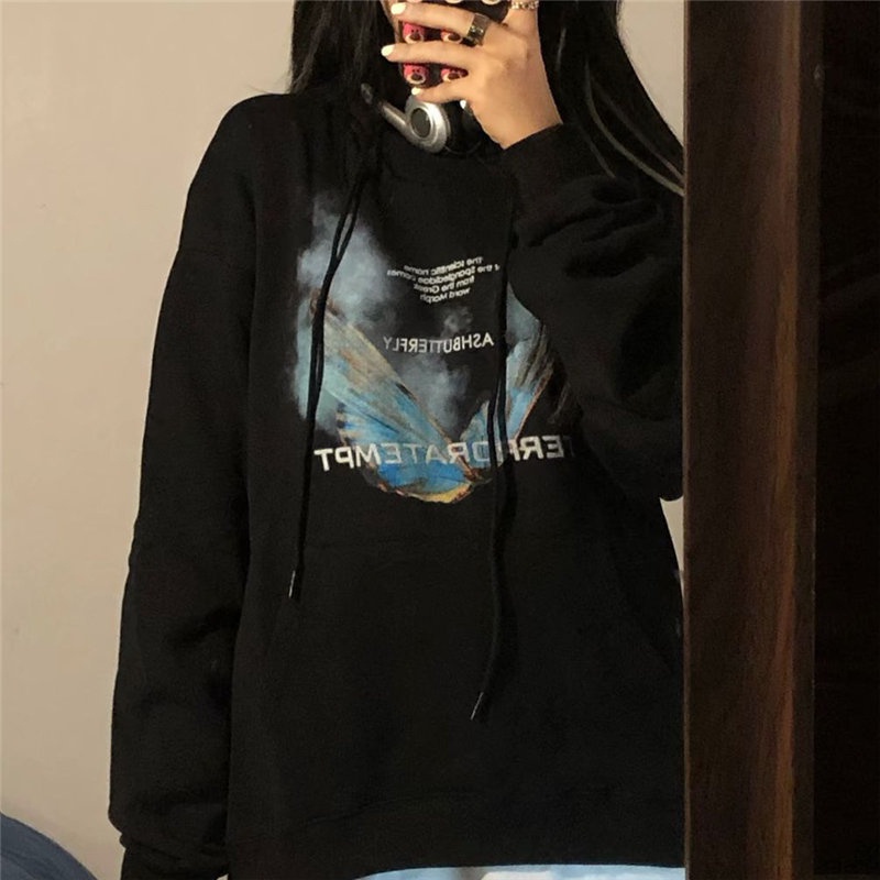 ZHELIHANGFEI Áo Hoodie Tay Dài Dáng Rộng In Hình Bướm Khói Phong Cách Học Sinh