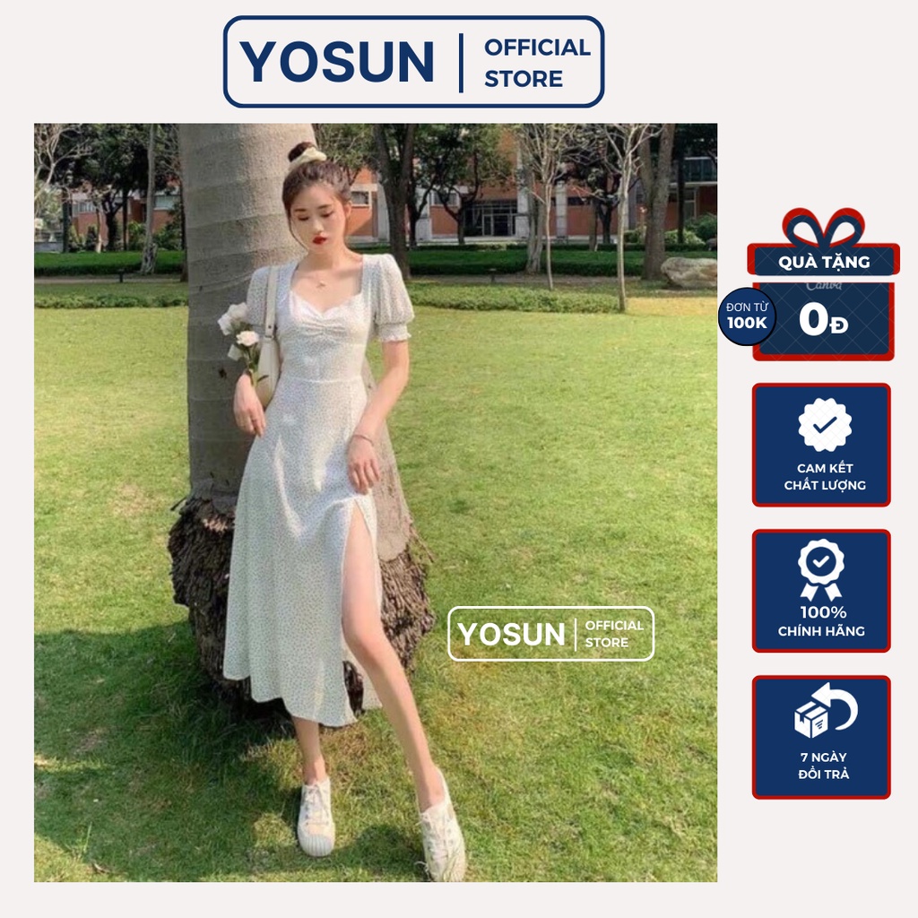 Đầm Nữ Dự Tiệc Cổ Tim Họa Tiết Chấm Bi Tay Ngắn Bo Chun Xẻ Tà Quyến Rũ, Váy Dáng Dài Nhún Ngực Màu Trắng