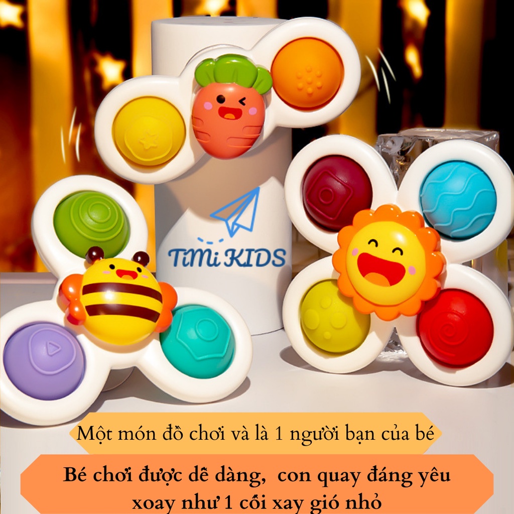 Bộ 03 spinner cho bé ngộ nghĩnh có chân hút cho trẻ sơ sinh, con quay cho bé spiner kết hợp pop it hot 2021